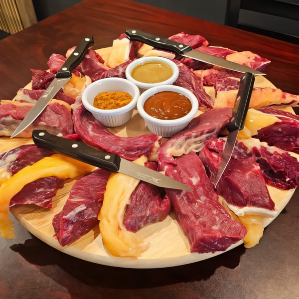 Raw beef and fat pieces, with three small bowls of sauces and knives on a wooden board.